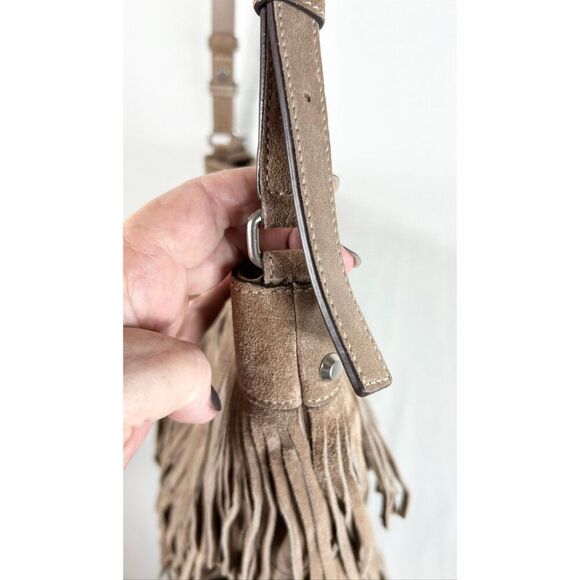 Michael Kors Billy Fringe Boho Crossbody Bag Taupe Suede Studded Western Style - Picture 15 of 16